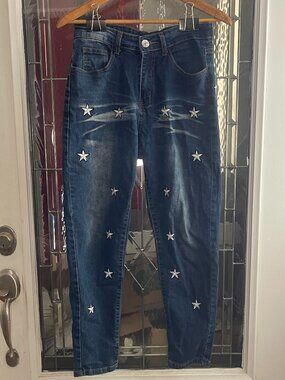 ROMWE Womens Blue Jeans Embroidered Stars Sz 28 July 4th American Celebration